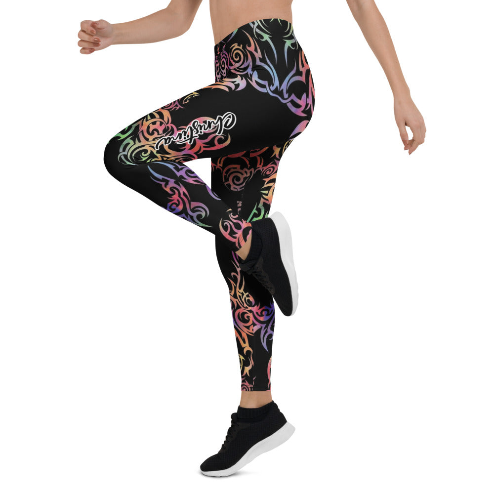 Personalisierte Damen Sportleggings Schwarz Buntes Tribal Design Yoga Fitness Leggings Ornamente V002