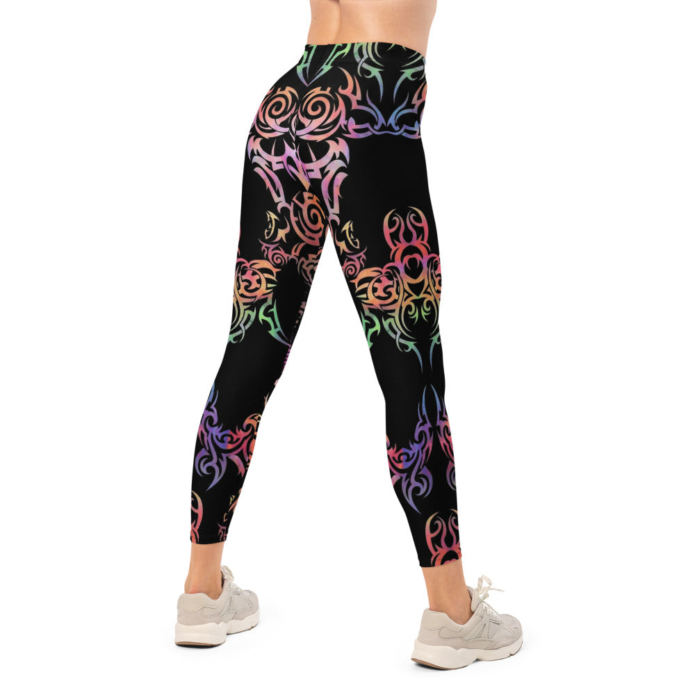 Personalisierte Damen Sportleggings Schwarz Buntes Tribal Design Yoga Fitness Leggings Ornamente V002