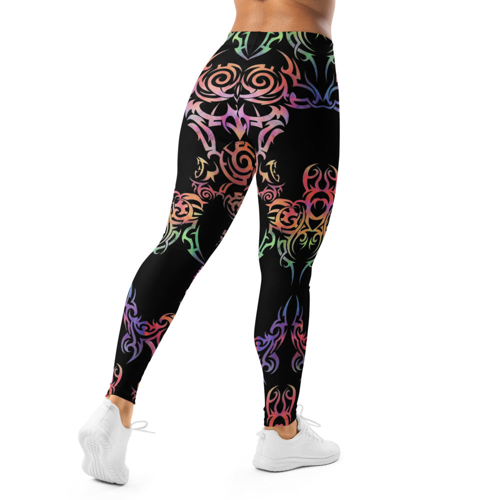 Personalisierte Damen Sportleggings Schwarz Buntes Tribal Design Yoga Fitness Leggings Ornamente V002