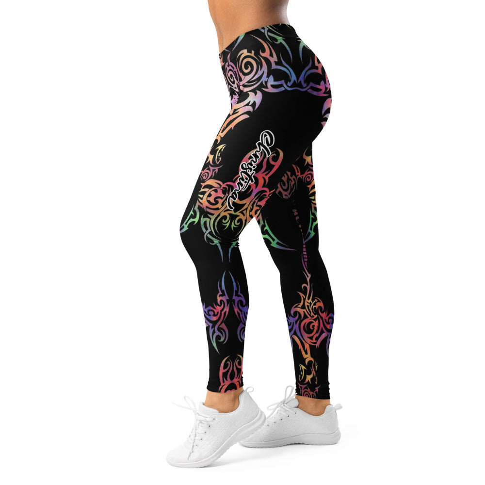 Personalisierte Damen Sportleggings Schwarz Buntes Tribal Design Yoga Fitness Leggings Ornamente V002