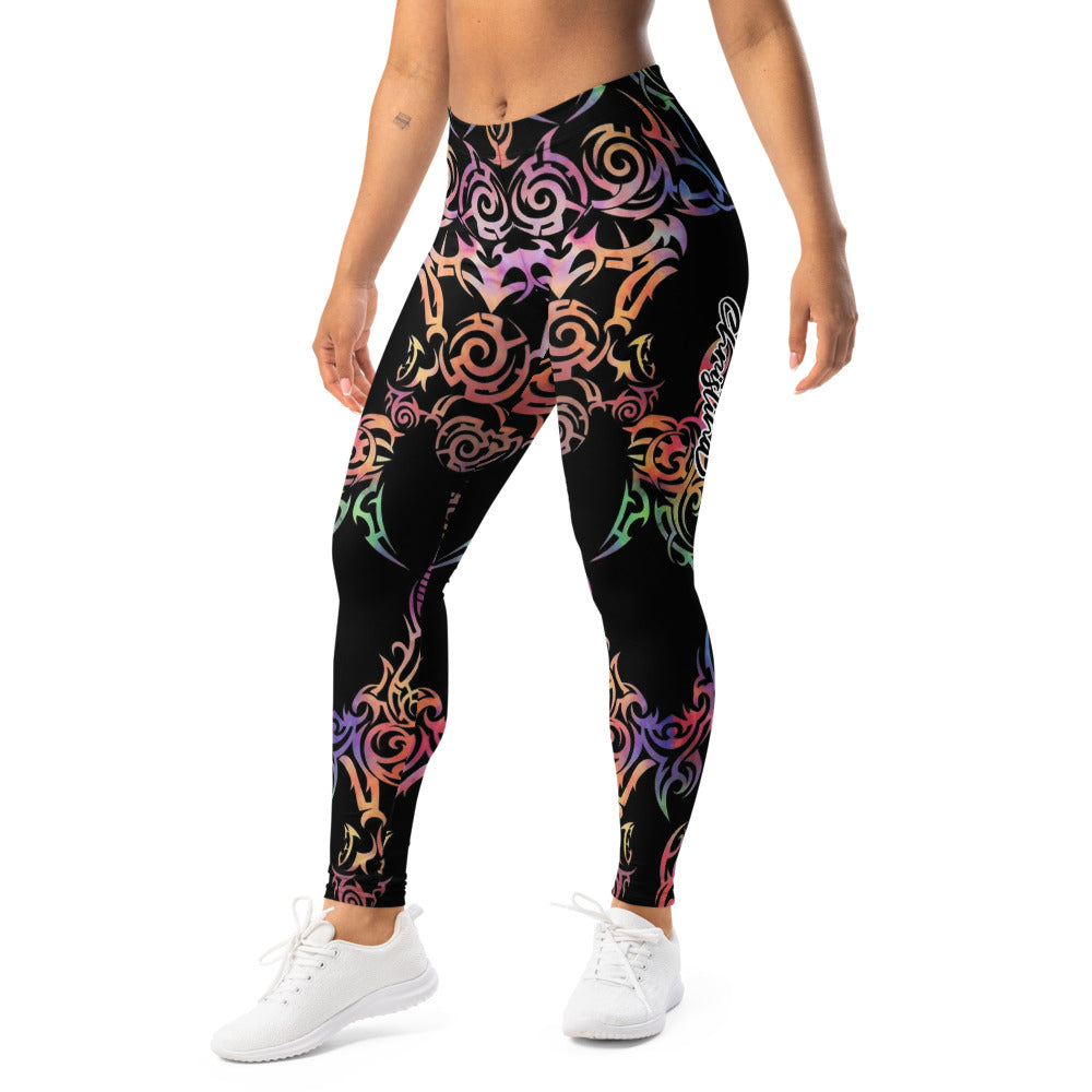 Personalisierte Damen Sportleggings Schwarz Buntes Tribal Design Yoga Fitness Leggings Ornamente V002