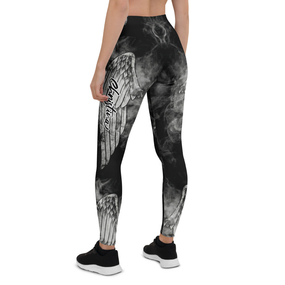 Personalisierte Sportleggings Damen Schwarz Weiß Rauch Design mit Flügel Motiv Fitness Leggings Yoga Hose blickdicht Y195
