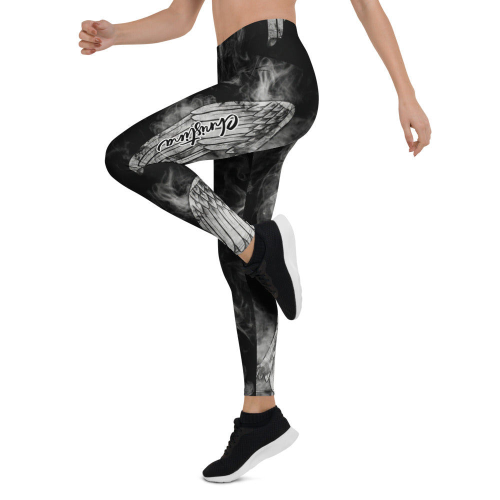 Personalisierte Sportleggings Damen Schwarz Weiß Rauch Design mit Flügel Motiv Fitness Leggings Yoga Hose blickdicht Y195