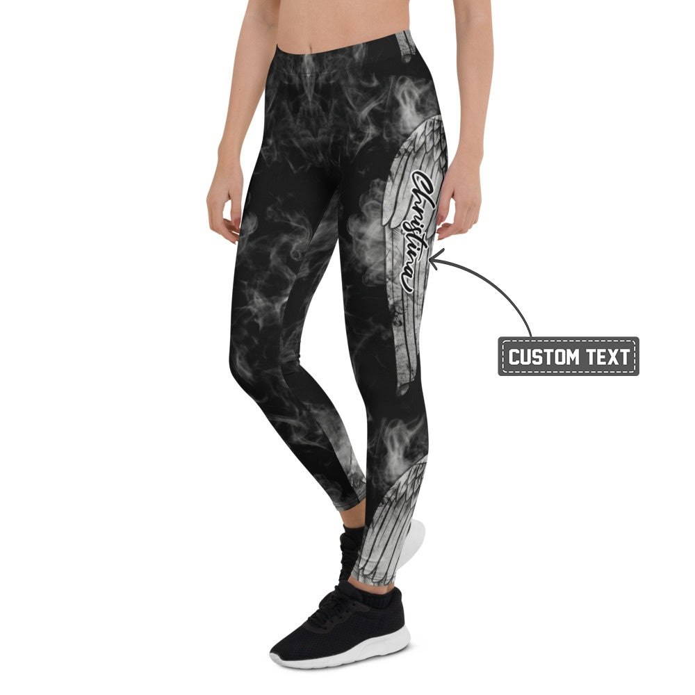 Personalisierte Sportleggings Damen Schwarz Weiß Rauch Design mit Flügel Motiv Fitness Leggings Yoga Hose blickdicht Y195 - XL