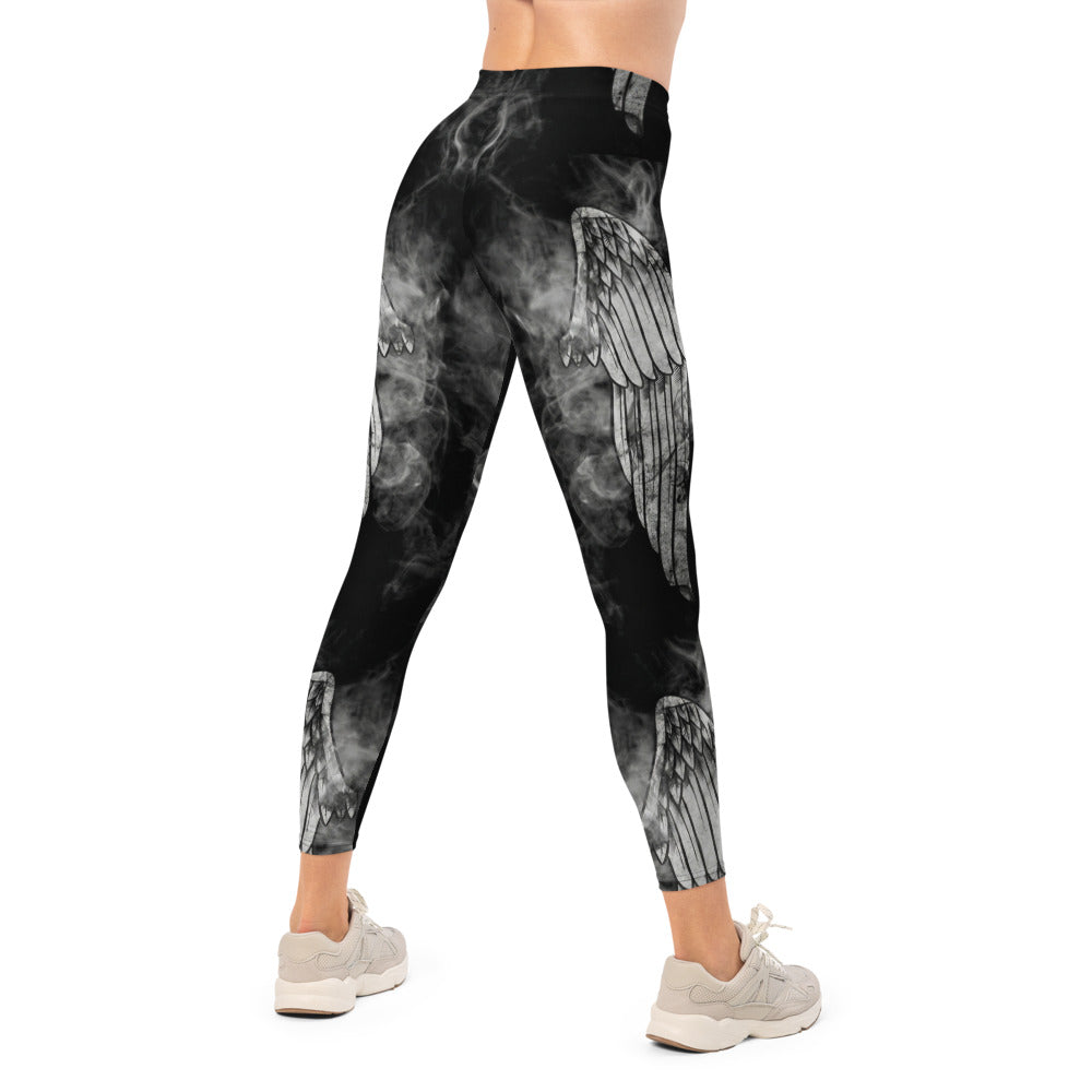Personalisierte Sportleggings Damen Schwarz Weiß Rauch Design mit Flügel Motiv Fitness Leggings Yoga Hose blickdicht Y195