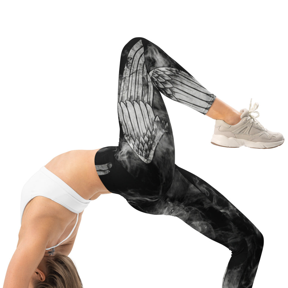 Personalisierte Sportleggings Damen Schwarz Weiß Rauch Design mit Flügel Motiv Fitness Leggings Yoga Hose blickdicht Y195