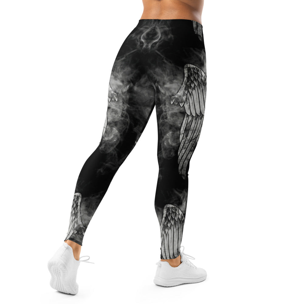 Personalisierte Sportleggings Damen Schwarz Weiß Rauch Design mit Flügel Motiv Fitness Leggings Yoga Hose blickdicht Y195