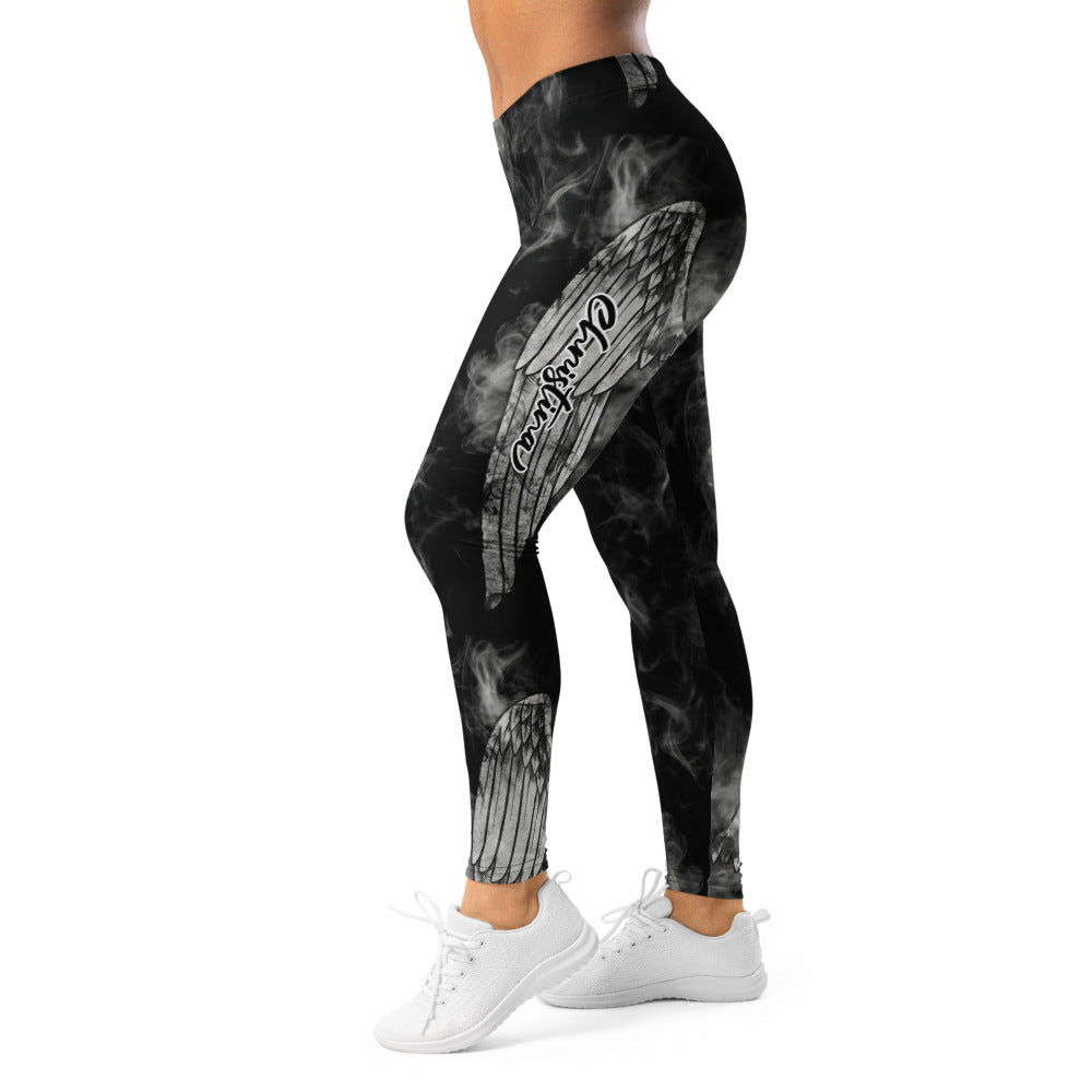 Personalisierte Sportleggings Damen Schwarz Weiß Rauch Design mit Flügel Motiv Fitness Leggings Yoga Hose blickdicht Y195