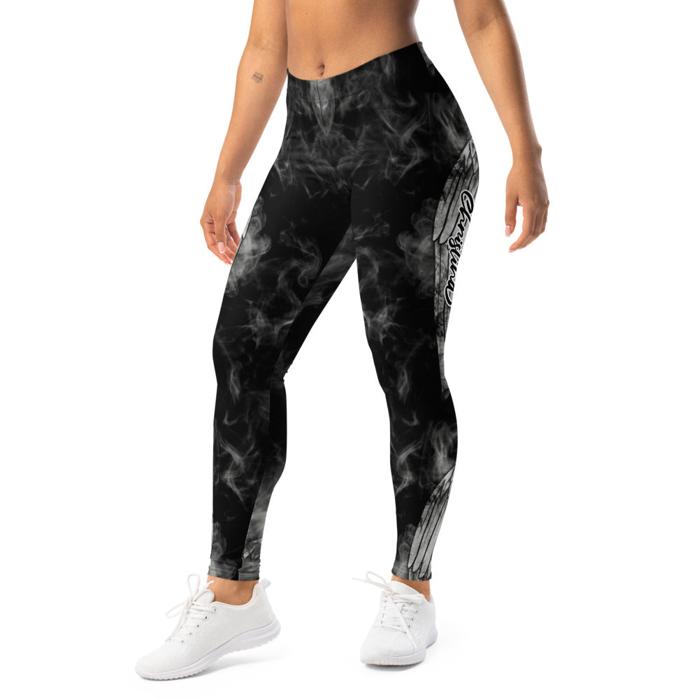 Personalisierte Sportleggings Damen Schwarz Weiß Rauch Design mit Flügel Motiv Fitness Leggings Yoga Hose blickdicht Y195