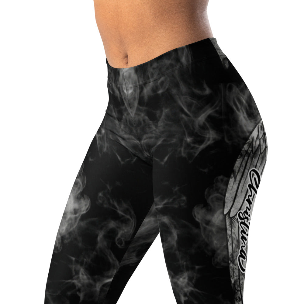 Personalisierte Sportleggings Damen Schwarz Weiß Rauch Design mit Flügel Motiv Fitness Leggings Yoga Hose blickdicht Y195