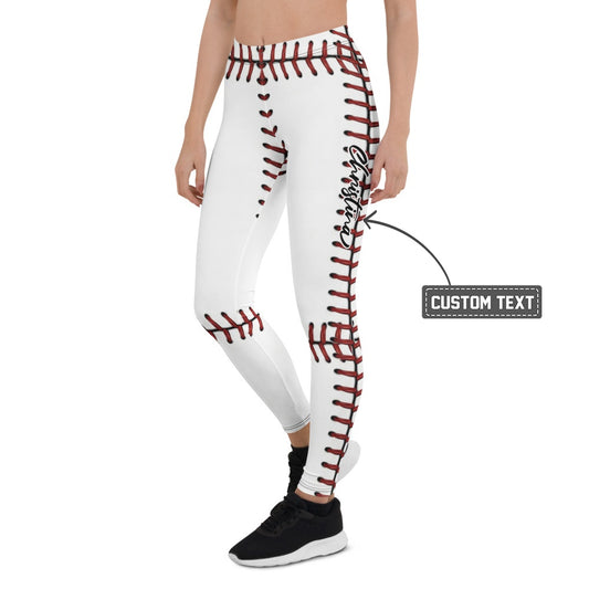 Personalisierte Damen Sportleggings Baseball Muster Weiß Rot Fitness Leggings Yoga Hose Blickdicht R575 - XL