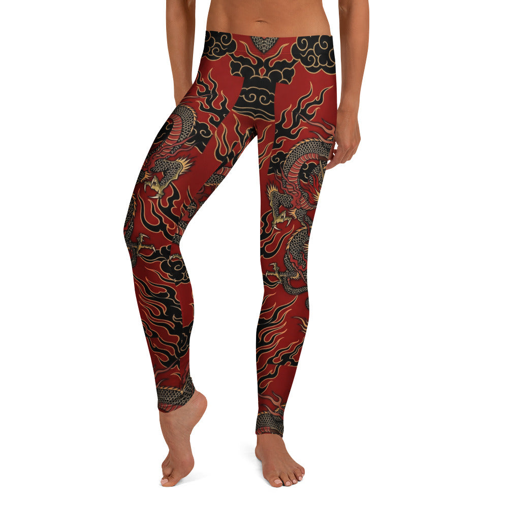 Personalisierte Damen Sportleggings Drachen Design Rot Schwarz Fitness Yoga Leggings D646