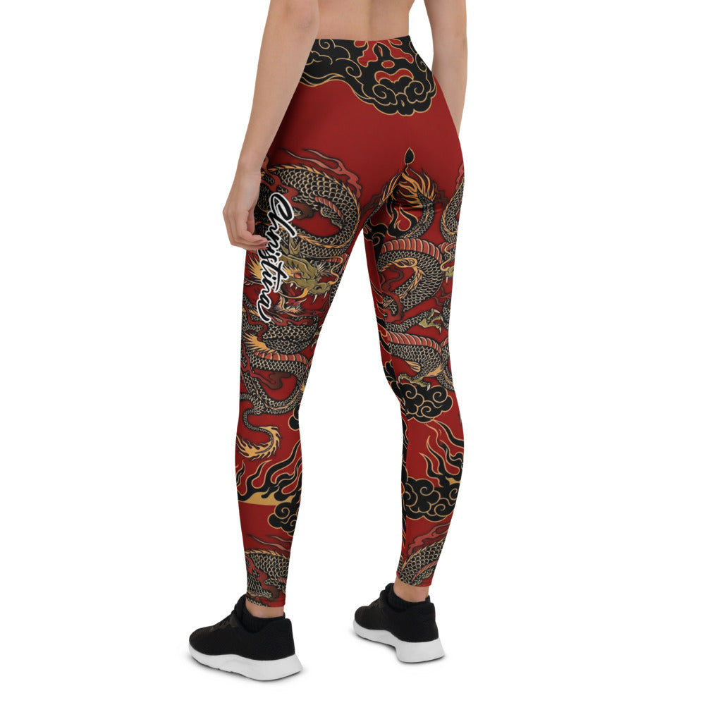 Personalisierte Damen Sportleggings Drachen Design Rot Schwarz Fitness Yoga Leggings D646