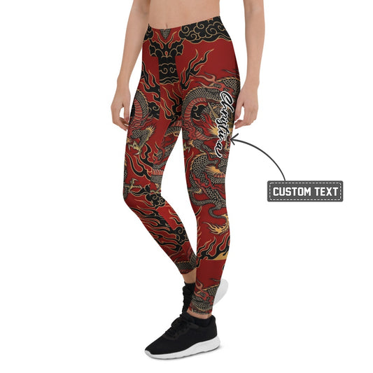 Personalisierte Damen Sportleggings Drachen Design Rot Schwarz Fitness Yoga Leggings D646 - XL