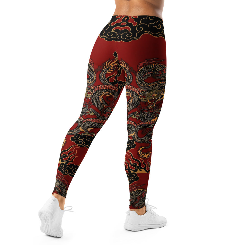 Personalisierte Damen Sportleggings Drachen Design Rot Schwarz Fitness Yoga Leggings D646