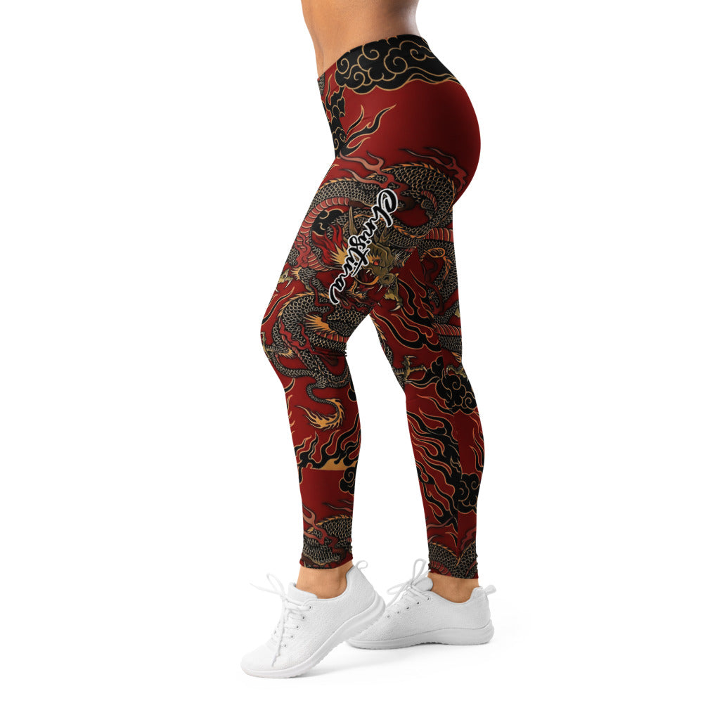 Personalisierte Damen Sportleggings Drachen Design Rot Schwarz Fitness Yoga Leggings D646
