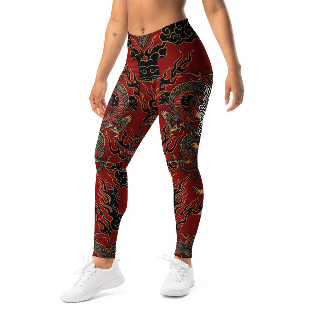 Personalisierte Damen Sportleggings Drachen Design Rot Schwarz Fitness Yoga Leggings D646
