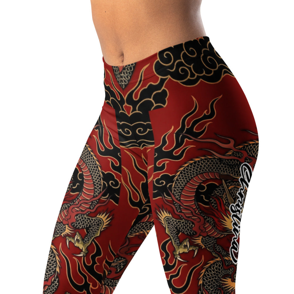 Personalisierte Damen Sportleggings Drachen Design Rot Schwarz Fitness Yoga Leggings D646