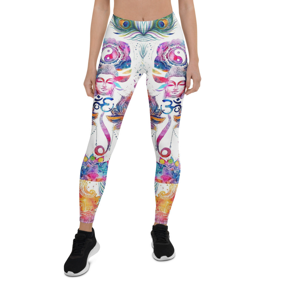 Personalisierte Yoga Leggings Damen Buddha Mandala Design Weiß Bunt Pfauenfeder Lotus Fitness Tights M988