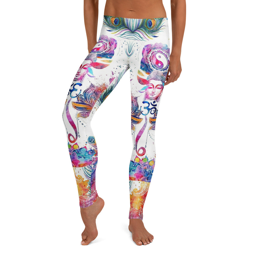 Personalisierte Yoga Leggings Damen Buddha Mandala Design Weiß Bunt Pfauenfeder Lotus Fitness Tights M988