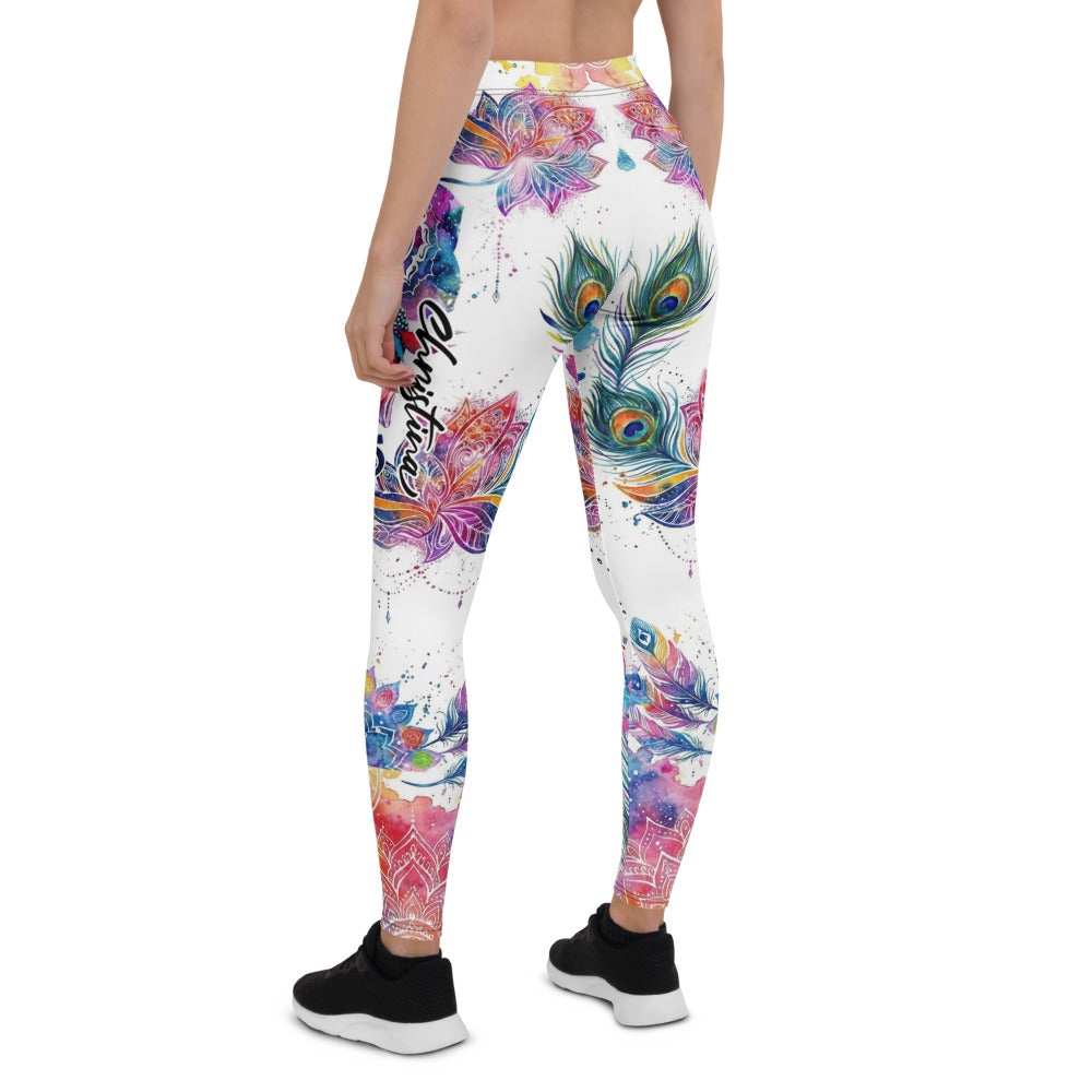 Personalisierte Yoga Leggings Damen Buddha Mandala Design Weiß Bunt Pfauenfeder Lotus Fitness Tights M988
