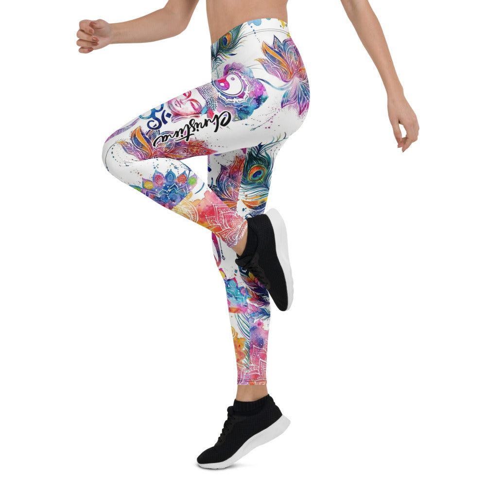 Personalisierte Yoga Leggings Damen Buddha Mandala Design Weiß Bunt Pfauenfeder Lotus Fitness Tights M988