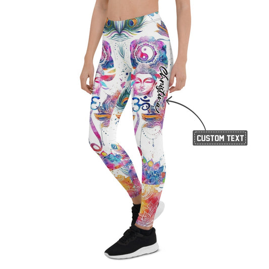 Personalisierte Yoga Leggings Damen Buddha Mandala Design Weiß Bunt Pfauenfeder Lotus Fitness Tights M988 - XL