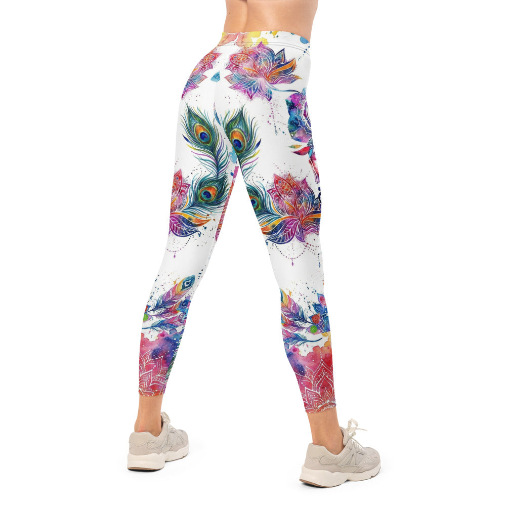 Personalisierte Yoga Leggings Damen Buddha Mandala Design Weiß Bunt Pfauenfeder Lotus Fitness Tights M988