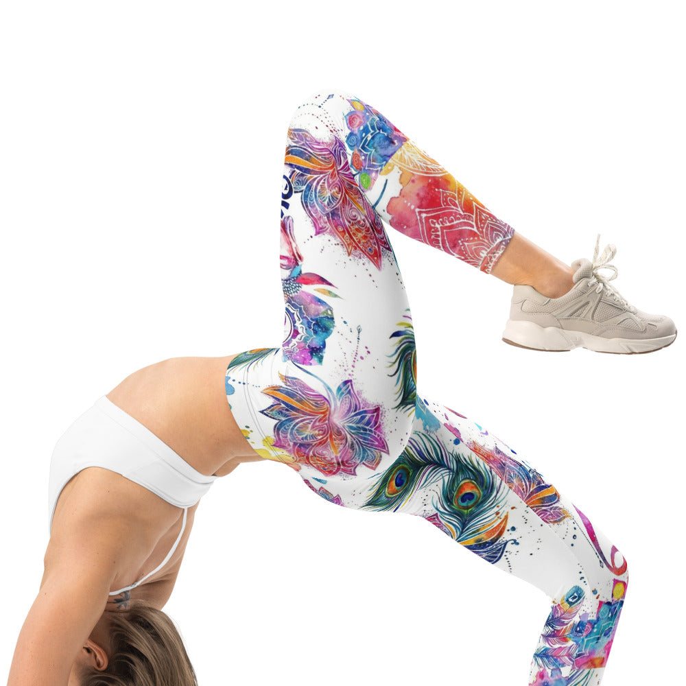 Personalisierte Yoga Leggings Damen Buddha Mandala Design Weiß Bunt Pfauenfeder Lotus Fitness Tights M988