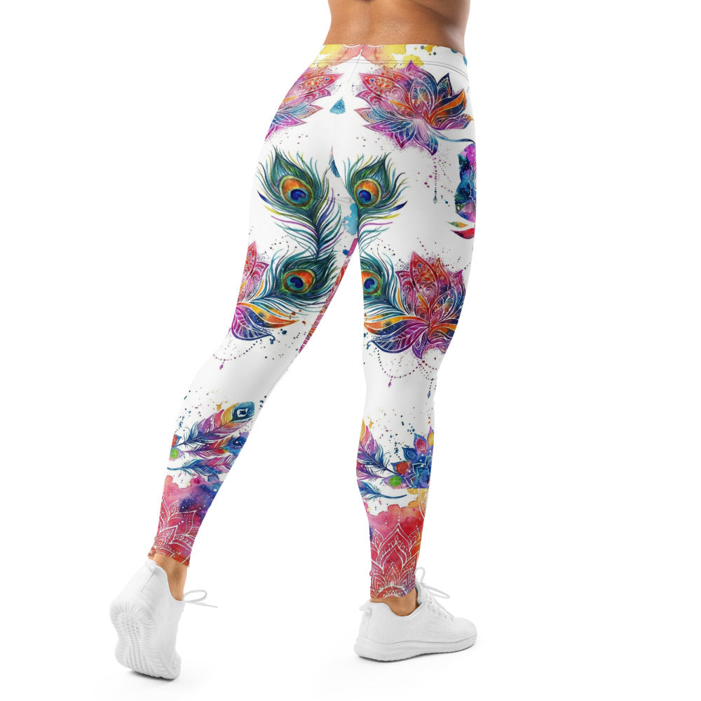 Personalisierte Yoga Leggings Damen Buddha Mandala Design Weiß Bunt Pfauenfeder Lotus Fitness Tights M988
