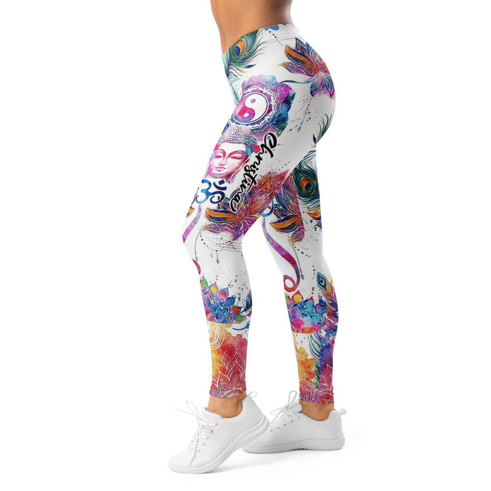 Personalisierte Yoga Leggings Damen Buddha Mandala Design Weiß Bunt Pfauenfeder Lotus Fitness Tights M988