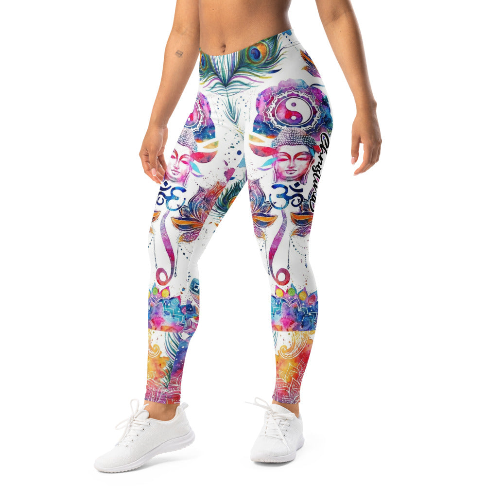 Personalisierte Yoga Leggings Damen Buddha Mandala Design Weiß Bunt Pfauenfeder Lotus Fitness Tights M988
