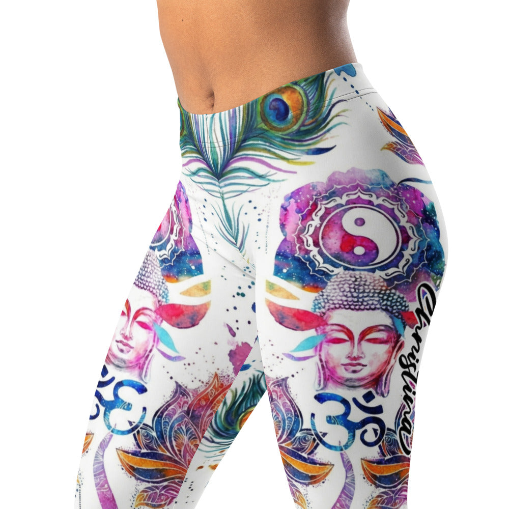 Personalisierte Yoga Leggings Damen Buddha Mandala Design Weiß Bunt Pfauenfeder Lotus Fitness Tights M988