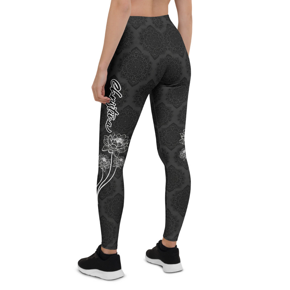 Personalisierte Damen Sportleggings Schwarz Mandala Muster Yoga Fitness Leggings mit Lotus Design W933