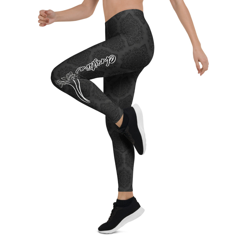 Personalisierte Damen Sportleggings Schwarz Mandala Muster Yoga Fitness Leggings mit Lotus Design W933