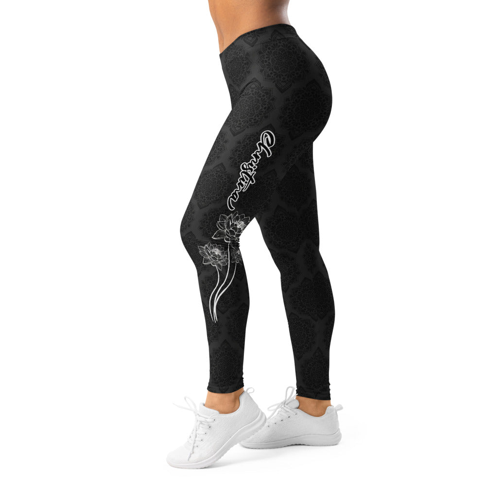 Personalisierte Damen Sportleggings Schwarz Mandala Muster Yoga Fitness Leggings mit Lotus Design W933