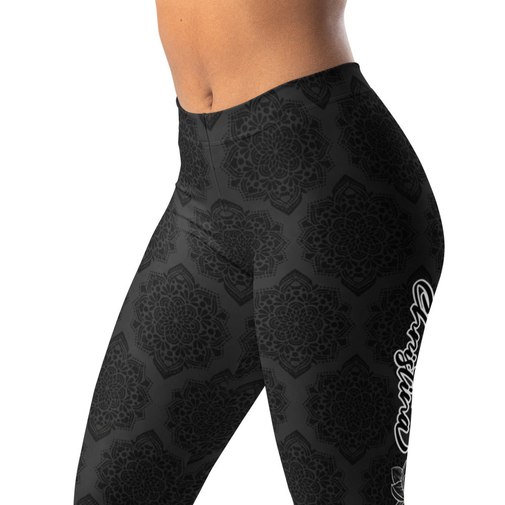 Personalisierte Damen Sportleggings Schwarz Mandala Muster Yoga Fitness Leggings mit Lotus Design W933