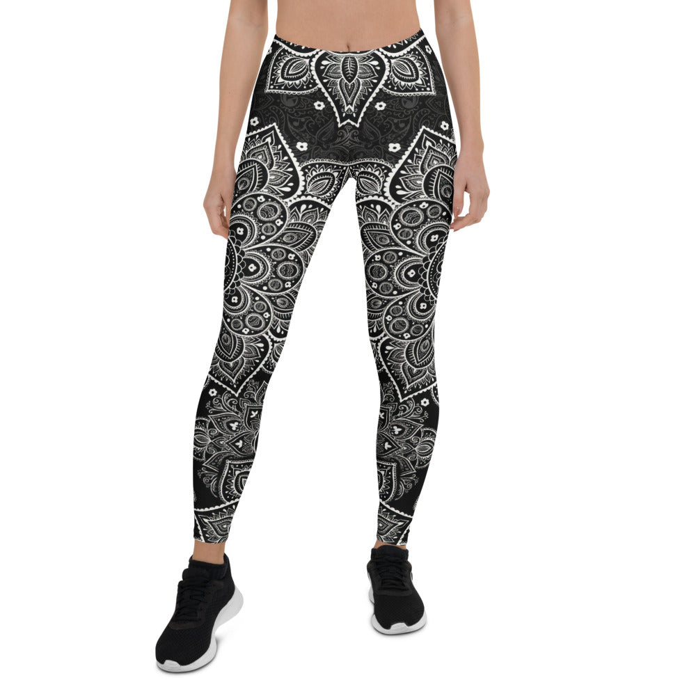 Personalisierte Damen Sportleggings Mandala Design Schwarz Weiß Yoga Fitness Leggings O082