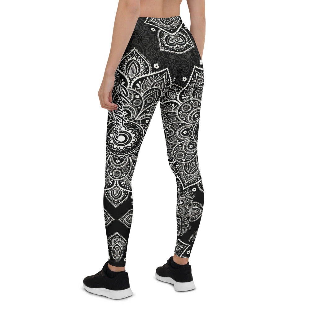 Personalisierte Damen Sportleggings Mandala Design Schwarz Weiß Yoga Fitness Leggings O082
