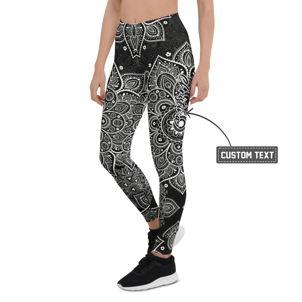 Personalisierte Damen Sportleggings Mandala Design Schwarz Weiß Yoga Fitness Leggings O082 - XL