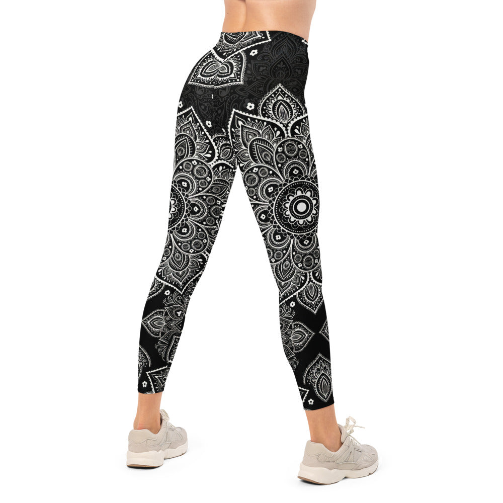 Personalisierte Damen Sportleggings Mandala Design Schwarz Weiß Yoga Fitness Leggings O082