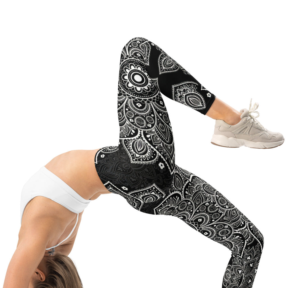 Personalisierte Damen Sportleggings Mandala Design Schwarz Weiß Yoga Fitness Leggings O082