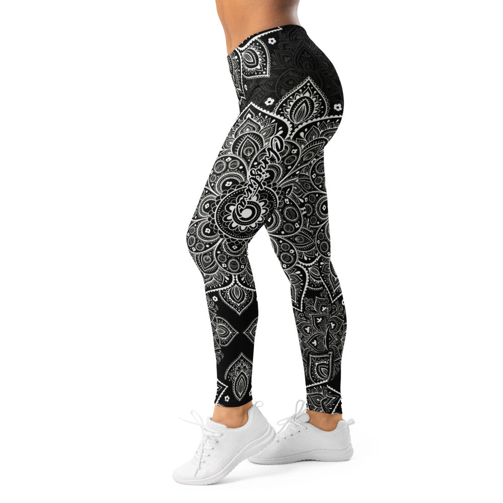Personalisierte Damen Sportleggings Mandala Design Schwarz Weiß Yoga Fitness Leggings O082