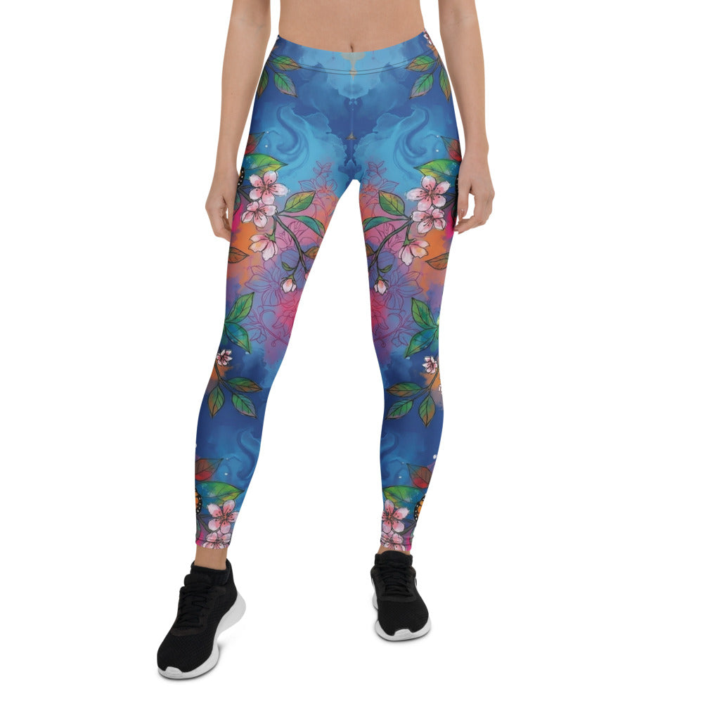 Personalisierte Damen Sportleggings Kirschblüten Schmetterling Design Blau Bunt Yoga Fitness Leggings F856