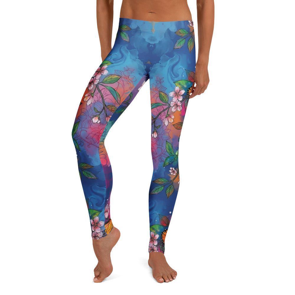 Personalisierte Damen Sportleggings Kirschblüten Schmetterling Design Blau Bunt Yoga Fitness Leggings F856
