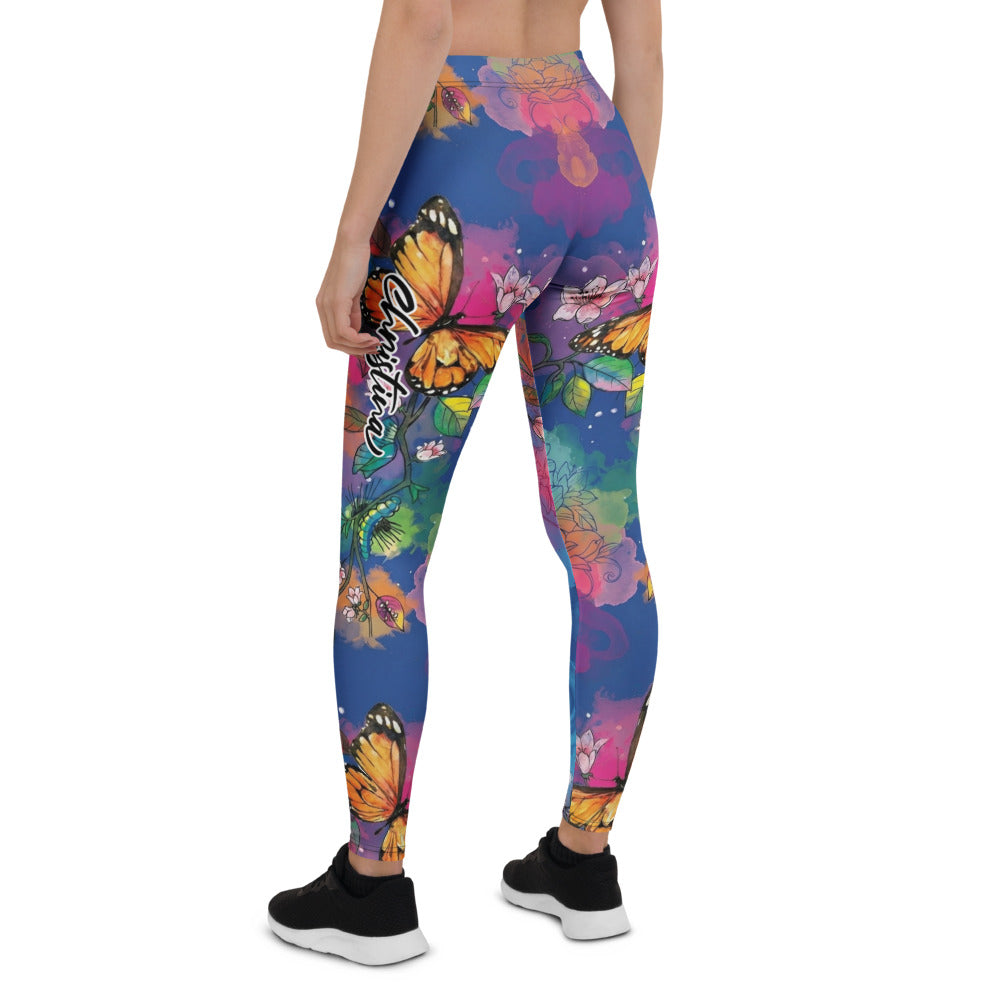 Personalisierte Damen Sportleggings Kirschblüten Schmetterling Design Blau Bunt Yoga Fitness Leggings F856