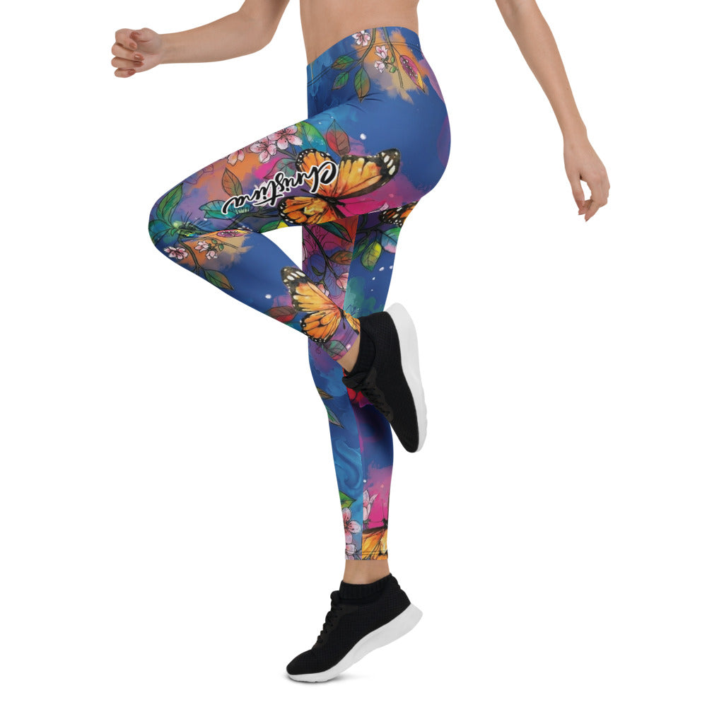 Personalisierte Damen Sportleggings Kirschblüten Schmetterling Design Blau Bunt Yoga Fitness Leggings F856