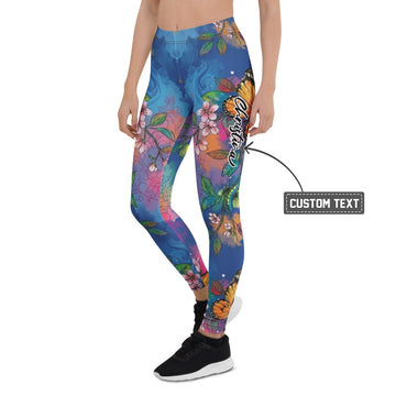 Personalisierte Damen Sportleggings Kirschblüten Schmetterling Design Blau Bunt Yoga Fitness Leggings F856 - XL