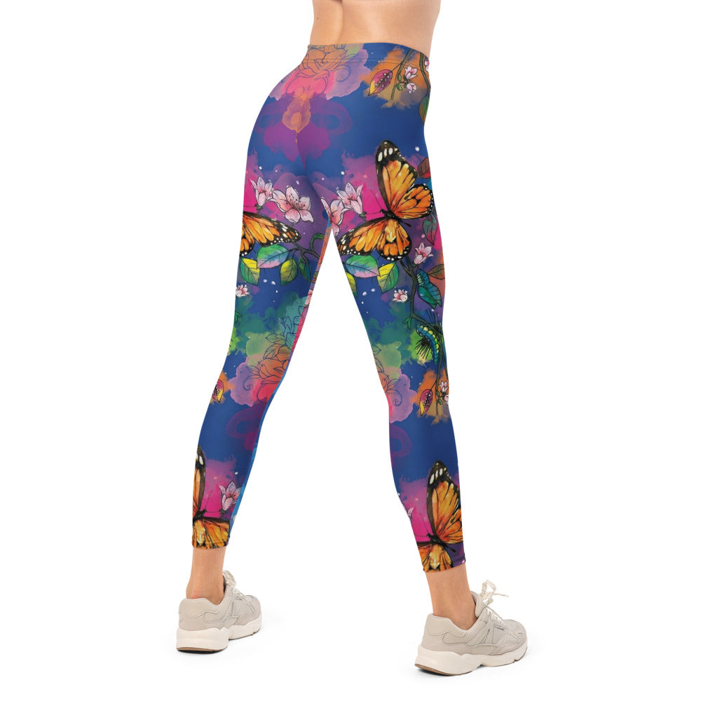 Personalisierte Damen Sportleggings Kirschblüten Schmetterling Design Blau Bunt Yoga Fitness Leggings F856