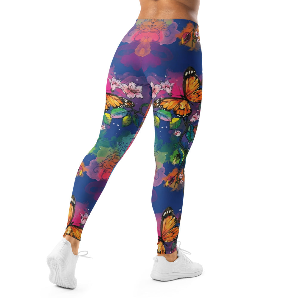 Personalisierte Damen Sportleggings Kirschblüten Schmetterling Design Blau Bunt Yoga Fitness Leggings F856